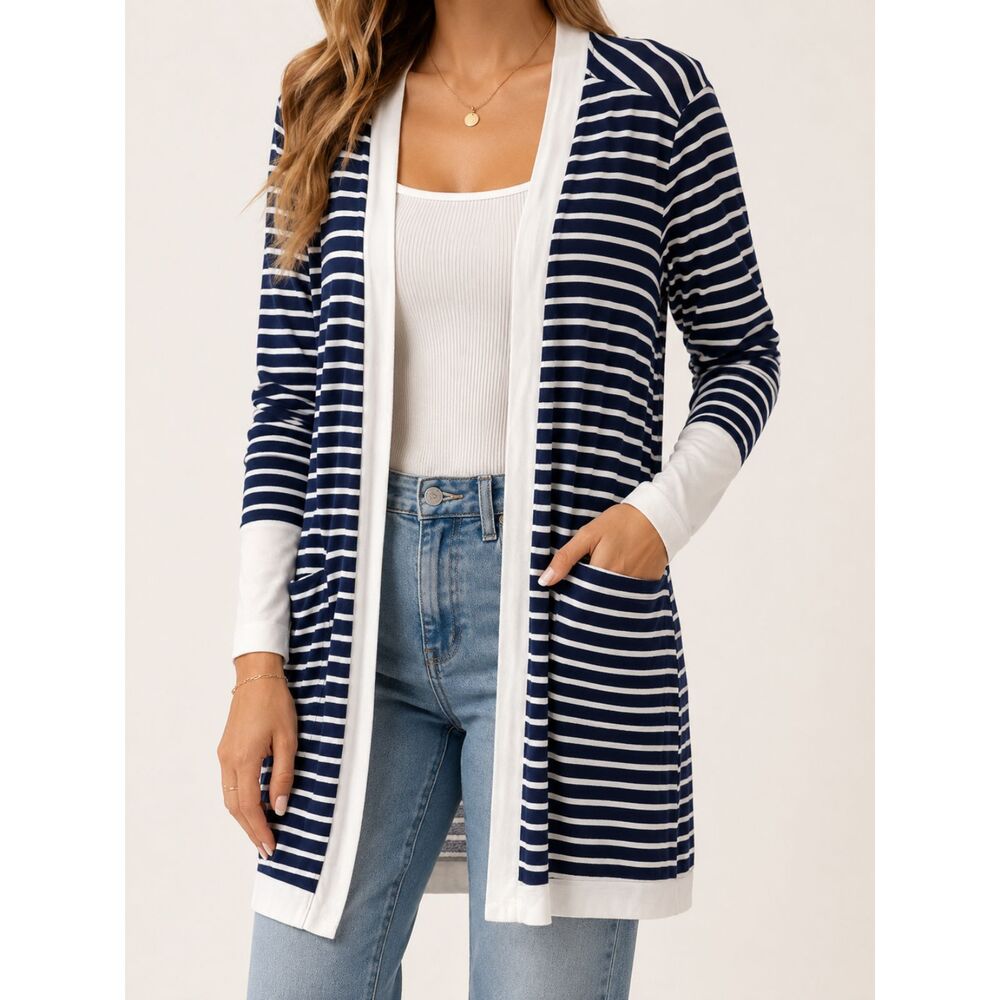 Magic Fit Navy White Striped Open Front Cardigan Duster USA Coastal Preppy XL